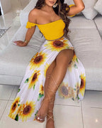 Polka Dot Off Shoulder Ruffle Crop and High Slit Maxi Skirt Set
