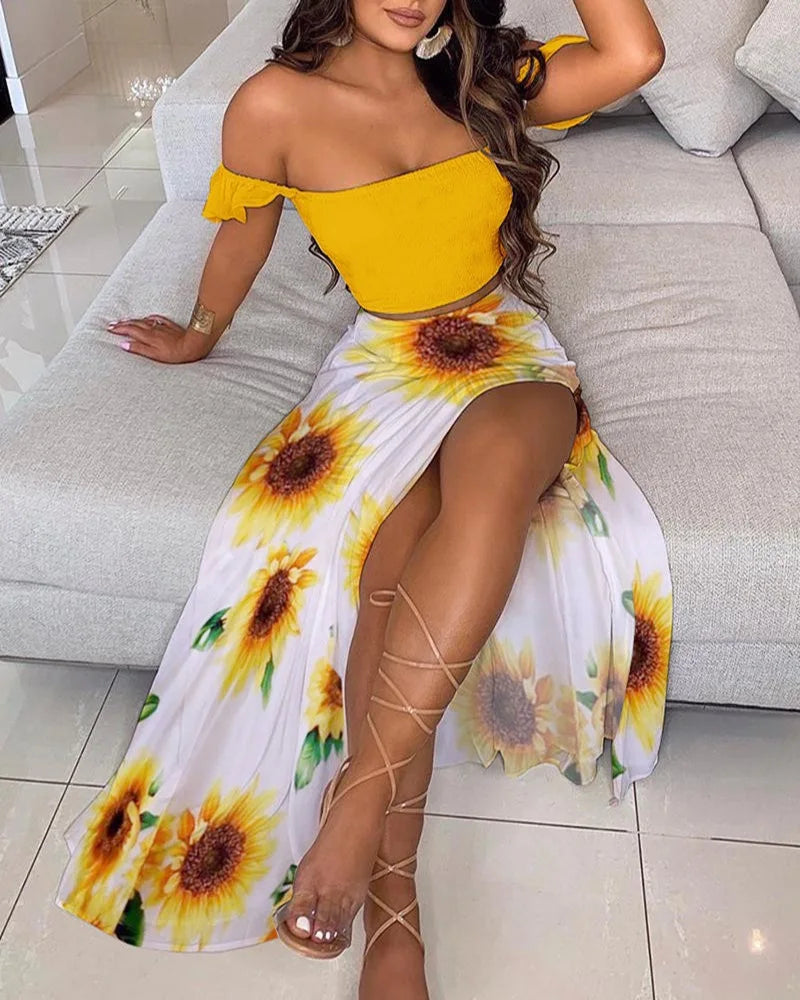 Polka Dot Off Shoulder Ruffle Crop and High Slit Maxi Skirt Set