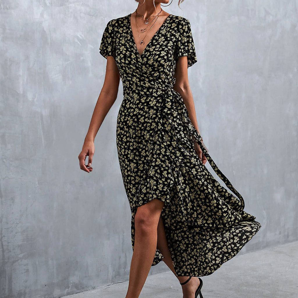 Ditsy Floral Print Wrap Tie Flutter Sleeve Ruffle Hem Midi Dress