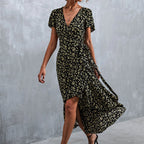 Ditsy Floral Print Wrap Tie Flutter Sleeve Ruffle Hem Midi Dress
