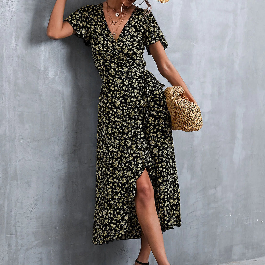 Ditsy Floral Print Wrap Tie Flutter Sleeve Ruffle Hem Midi Dress