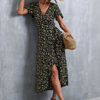Ditsy Floral Print Wrap Tie Flutter Sleeve Ruffle Hem Midi Dress