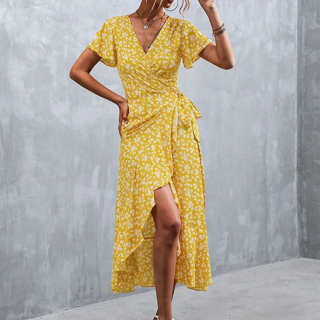 Ditsy Floral Print Wrap Tie Flutter Sleeve Ruffle Hem Midi Dress