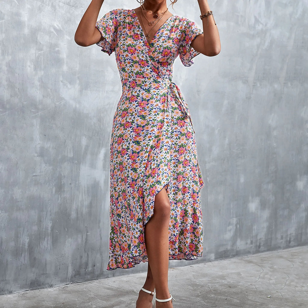 Ditsy Floral Print Wrap Tie Flutter Sleeve Ruffle Hem Midi Dress