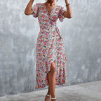 Ditsy Floral Print Wrap Tie Flutter Sleeve Ruffle Hem Midi Dress