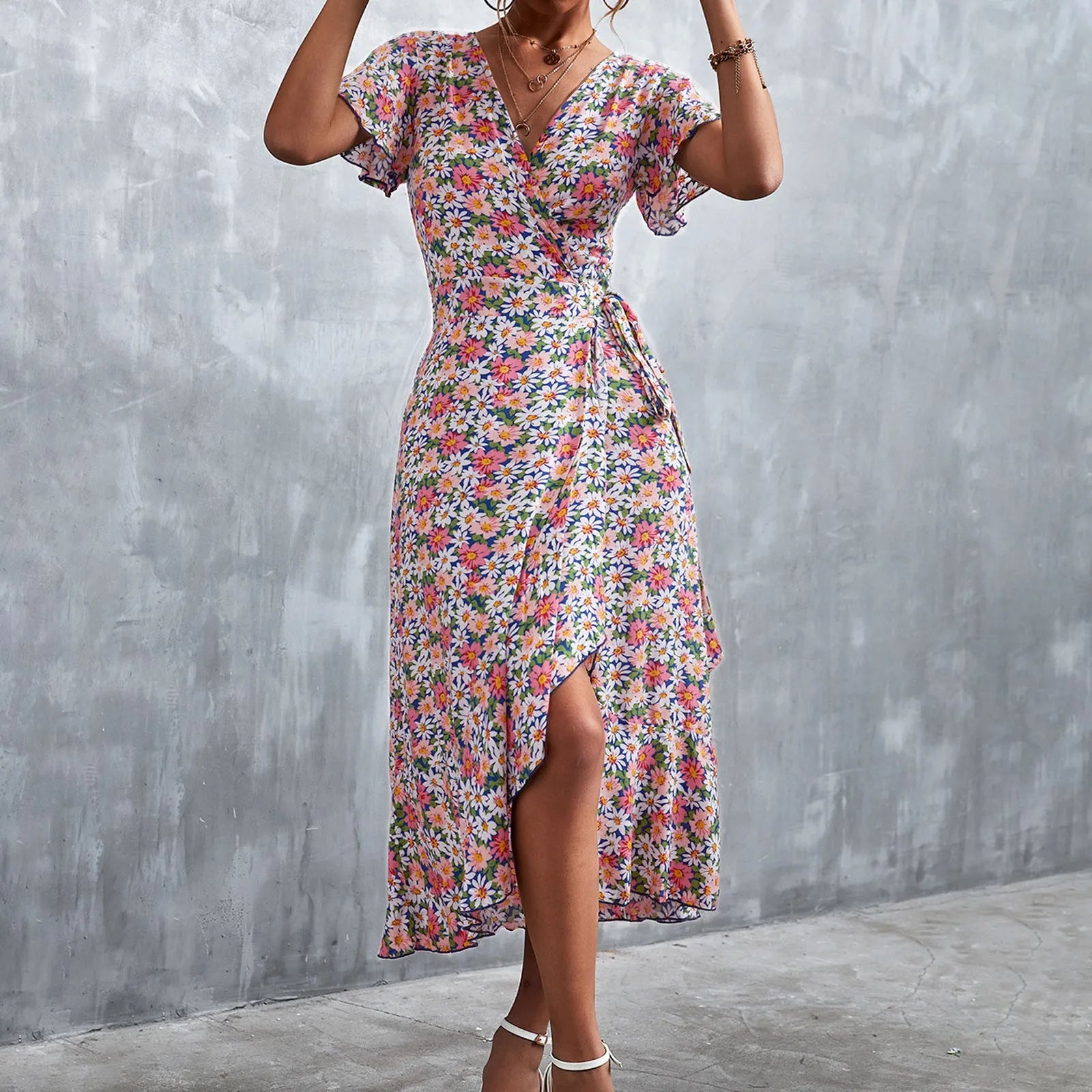 Ditsy Floral Print Wrap Tie Flutter Sleeve Ruffle Hem Midi Dress