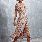 Ditsy Floral Print Wrap Tie Flutter Sleeve Ruffle Hem Midi Dress