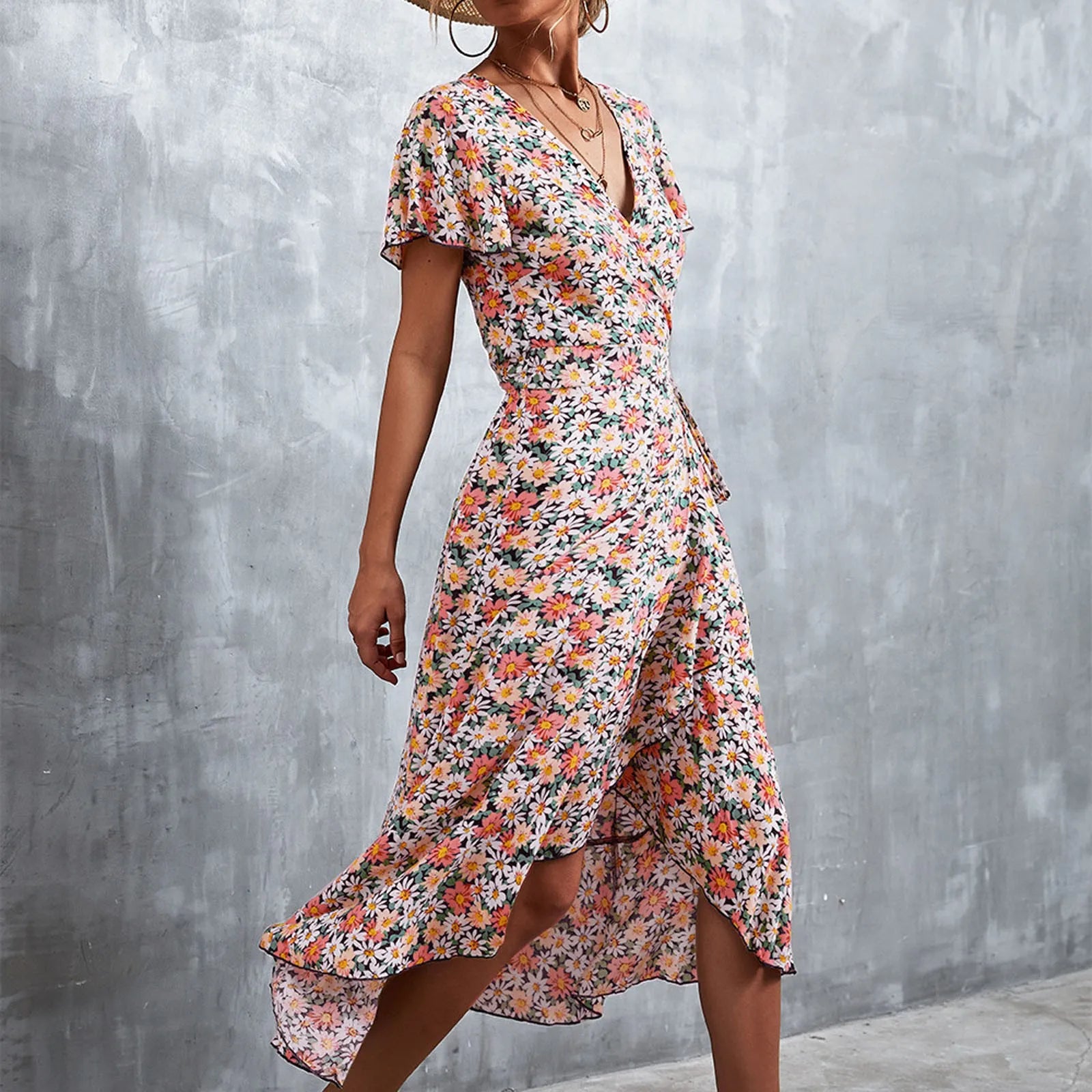 Ditsy Floral Print Wrap Tie Flutter Sleeve Ruffle Hem Midi Dress