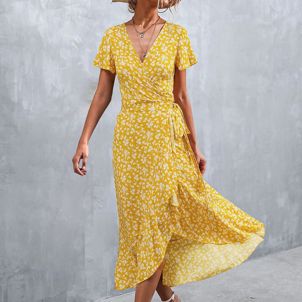 Ditsy Floral Print Wrap Tie Flutter Sleeve Ruffle Hem Midi Dress