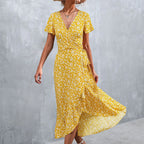 Ditsy Floral Print Wrap Tie Flutter Sleeve Ruffle Hem Midi Dress