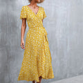 Ditsy Floral Print Wrap Tie Flutter Sleeve Ruffle Hem Midi Dress