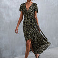 Floral Print Wrap V-Neck Flutter Sleeve High Low Ruffle Hem Midi Dress