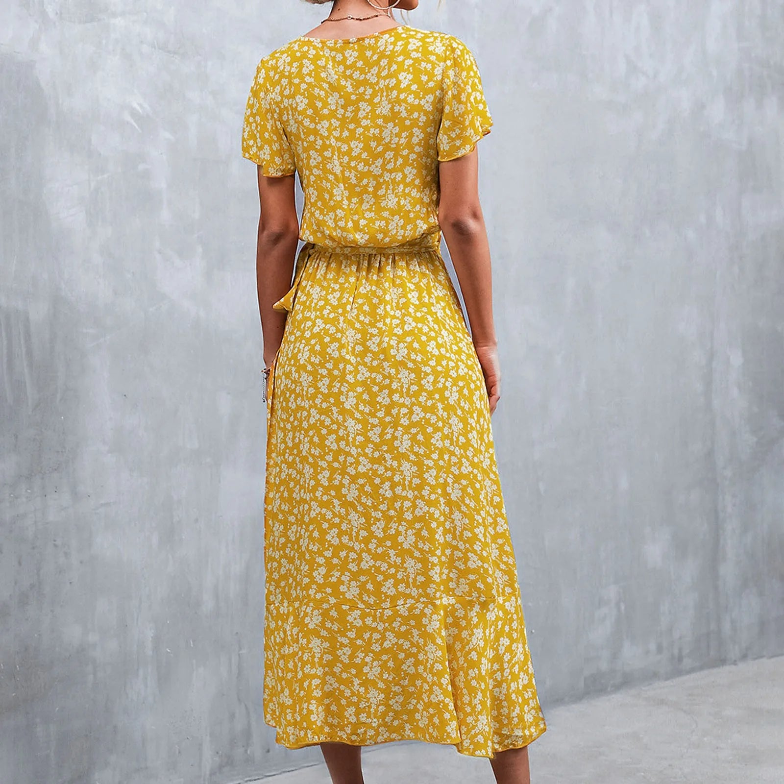 Floral Print Wrap V-Neck Flutter Sleeve High Low Ruffle Hem Midi Dress
