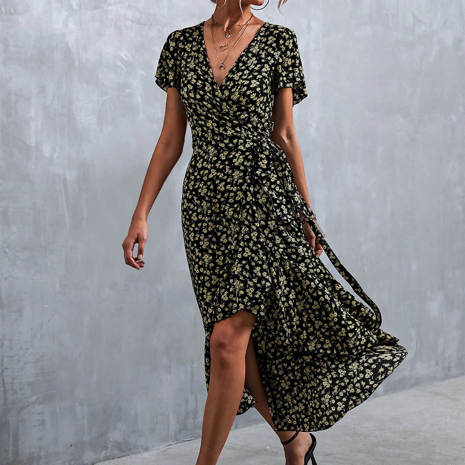 Floral Print Wrap V-Neck Flutter Sleeve High Low Ruffle Hem Midi Dress