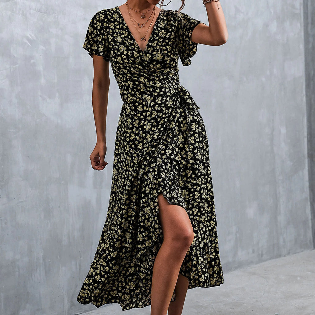 Floral Print Wrap V-Neck Flutter Sleeve High Low Ruffle Hem Midi Dress