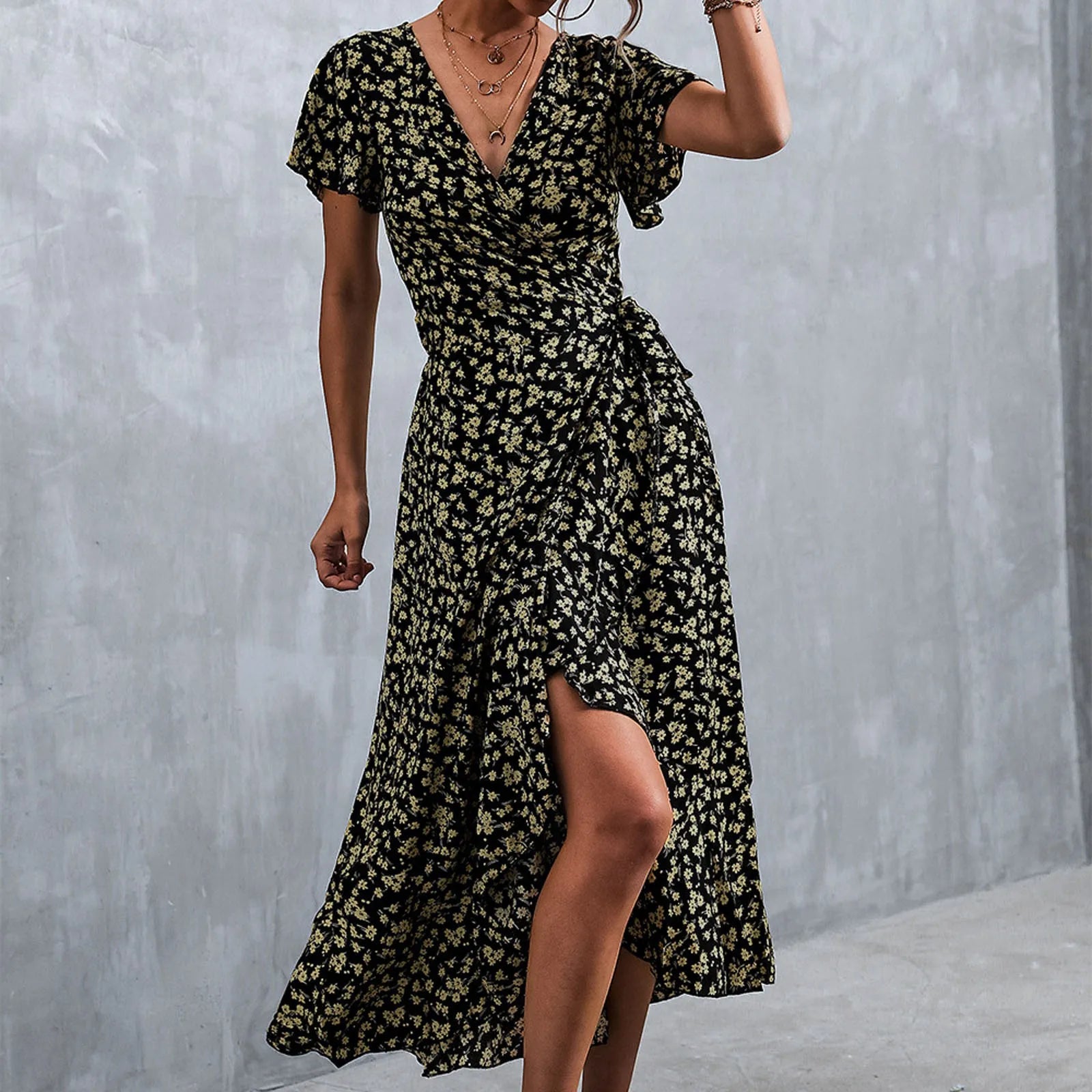 Floral Print Wrap V-Neck Flutter Sleeve High Low Ruffle Hem Midi Dress