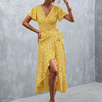 Floral Print Wrap V-Neck Flutter Sleeve High Low Ruffle Hem Midi Dress