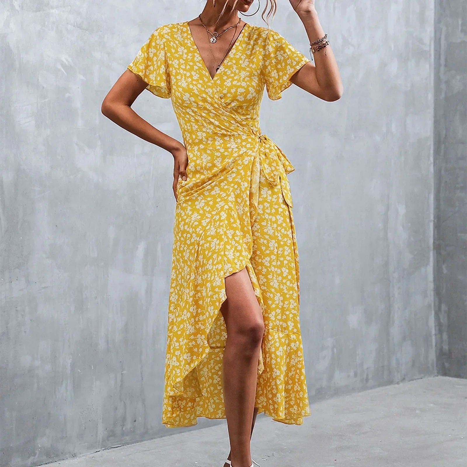 Floral Print Wrap V-Neck Flutter Sleeve High Low Ruffle Hem Midi Dress