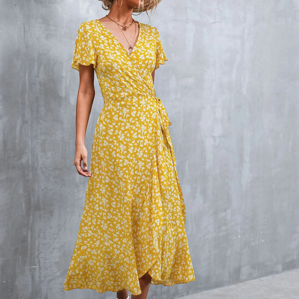 Floral Print Wrap V-Neck Flutter Sleeve High Low Ruffle Hem Midi Dress