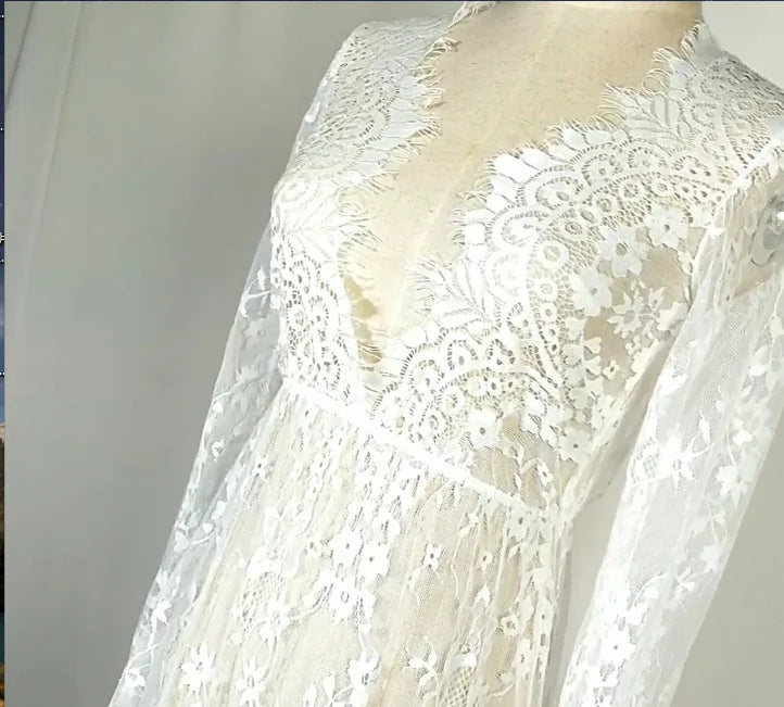 Floral Lace Deep V-Neck Long Sleeve Sheer Overlay Maxi Dress