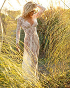 Floral Lace Deep V-Neck Long Sleeve Sheer Overlay Maxi Dress