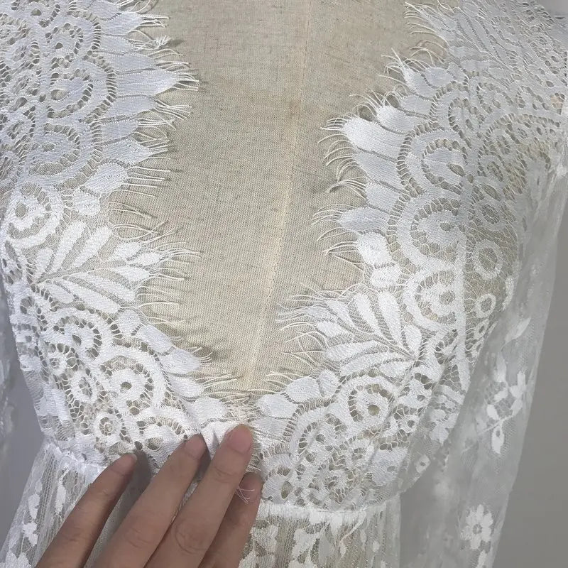 Floral Lace Deep V-Neck Long Sleeve Sheer Overlay Maxi Dress