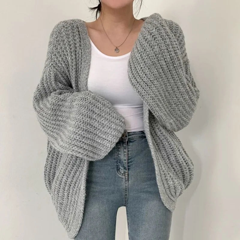V-Neck Oversized Casual Solid Long Sleeve Lazy Elegant Holiday Y2K Streetwear Cardigan