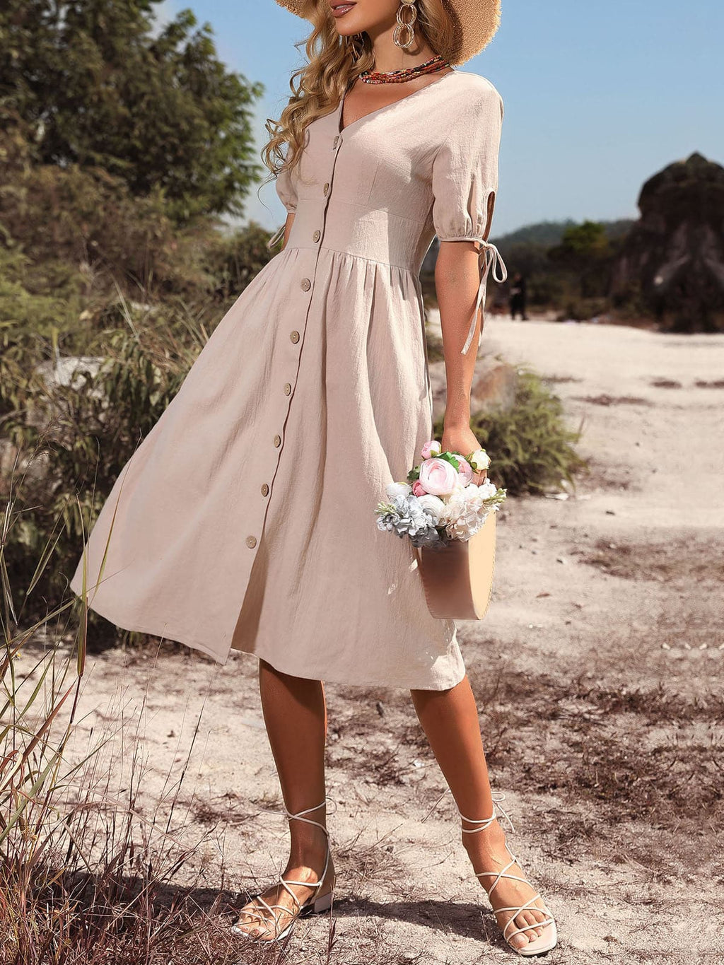 V-Neck Puff Sleeve Button Down A-Line Midi Dress
