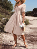 V-Neck Puff Sleeve Button Down A-Line Midi Dress