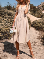 V-Neck Puff Sleeve Button Down A-Line Midi Dress