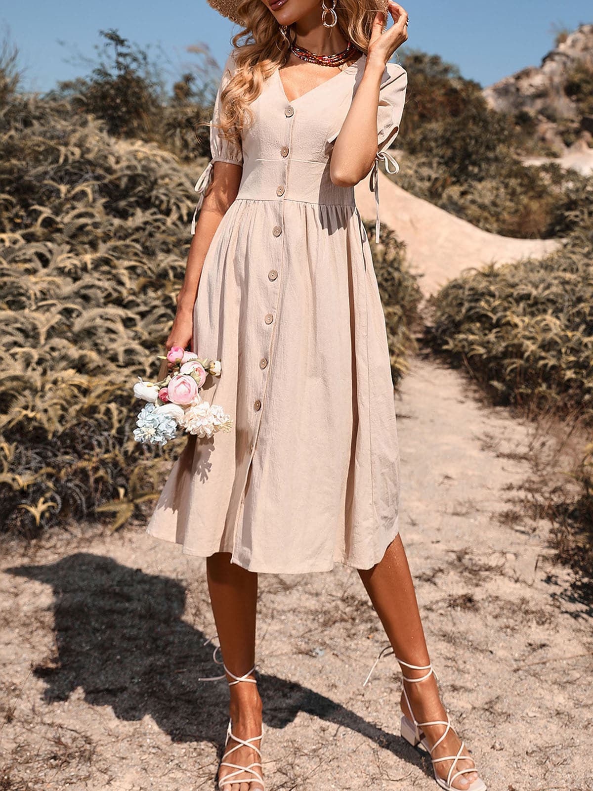 V-Neck Puff Sleeve Button Down A-Line Midi Dress
