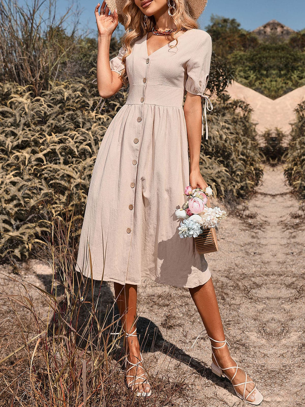 V-Neck Puff Sleeve Button Down A-Line Midi Dress