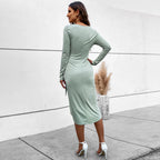 Scoop Neck Ribbed Knit Wrap Skirt Side Tie Ruched Waist Midi Dress