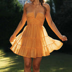Halter Neck Deep V-Neck Ruched Bodice Tiered Ruffle Mini Dress