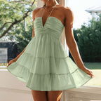 Halter Neck Deep V-Neck Ruched Bodice Tiered Ruffle Mini Dress