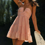 Halter Neck Deep V-Neck Ruched Bodice Tiered Ruffle Mini Dress