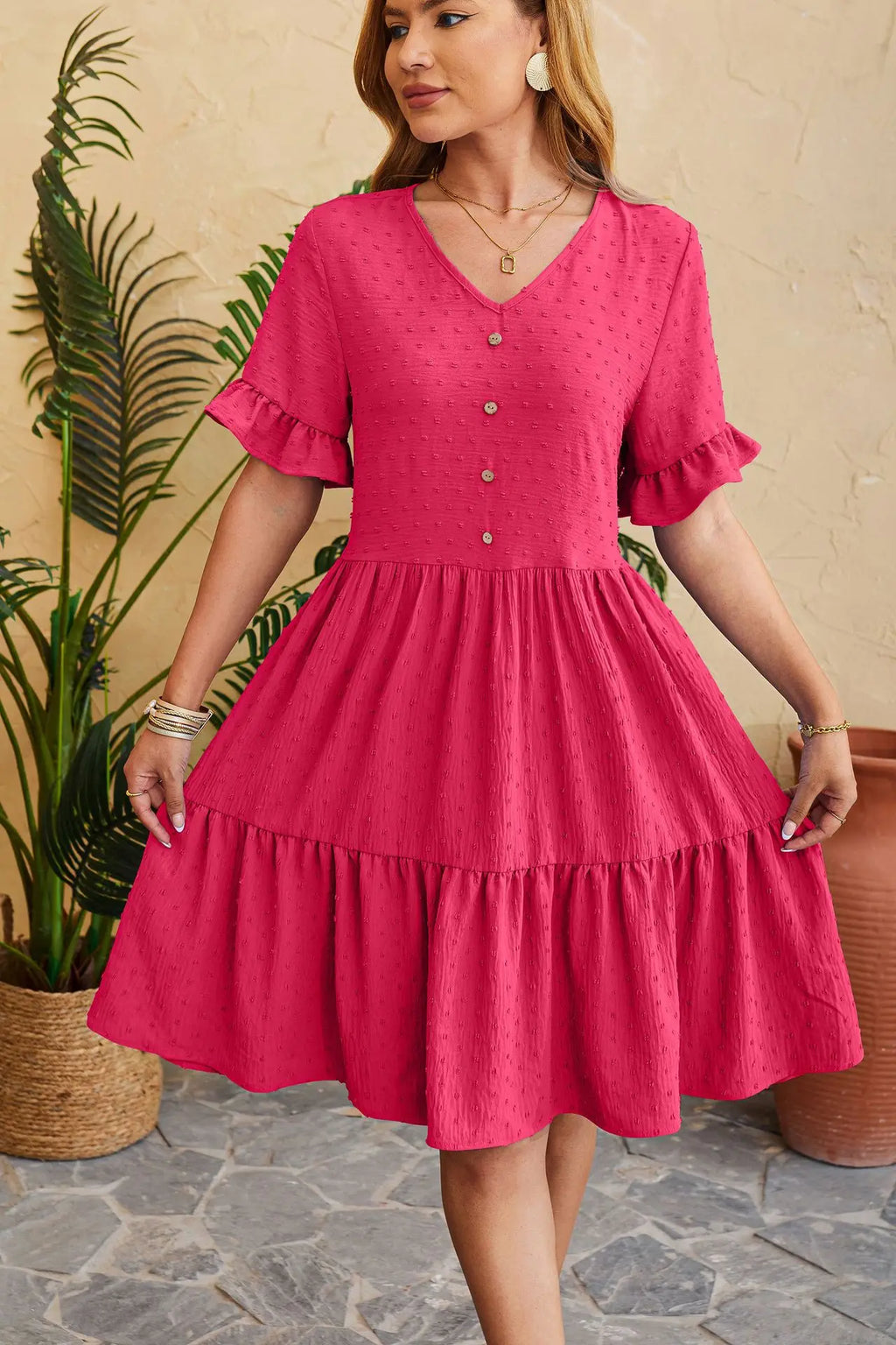 Swiss Dot V-Neck Button Front Ruffle Sleeve Tiered Babydoll Mini Dress