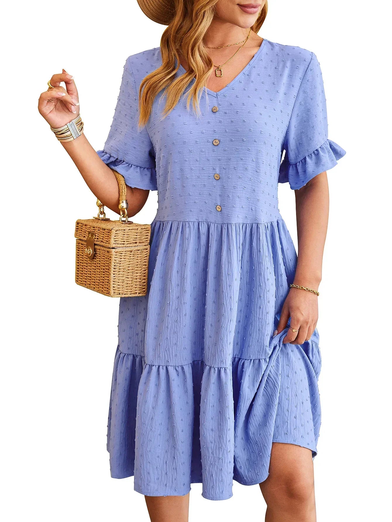 Swiss Dot V-Neck Button Front Ruffle Sleeve Tiered Babydoll Mini Dress