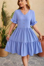Swiss Dot V-Neck Button Front Ruffle Sleeve Tiered Babydoll Mini Dress