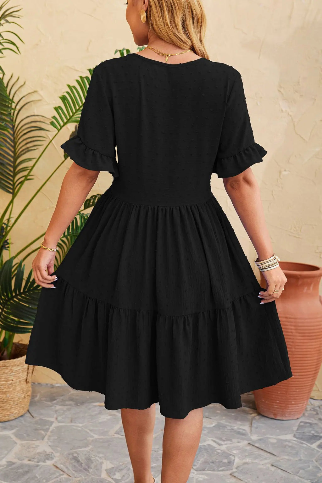 Swiss Dot V-Neck Button Front Ruffle Sleeve Tiered Babydoll Mini Dress