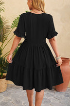Swiss Dot V-Neck Button Front Ruffle Sleeve Tiered Babydoll Mini Dress