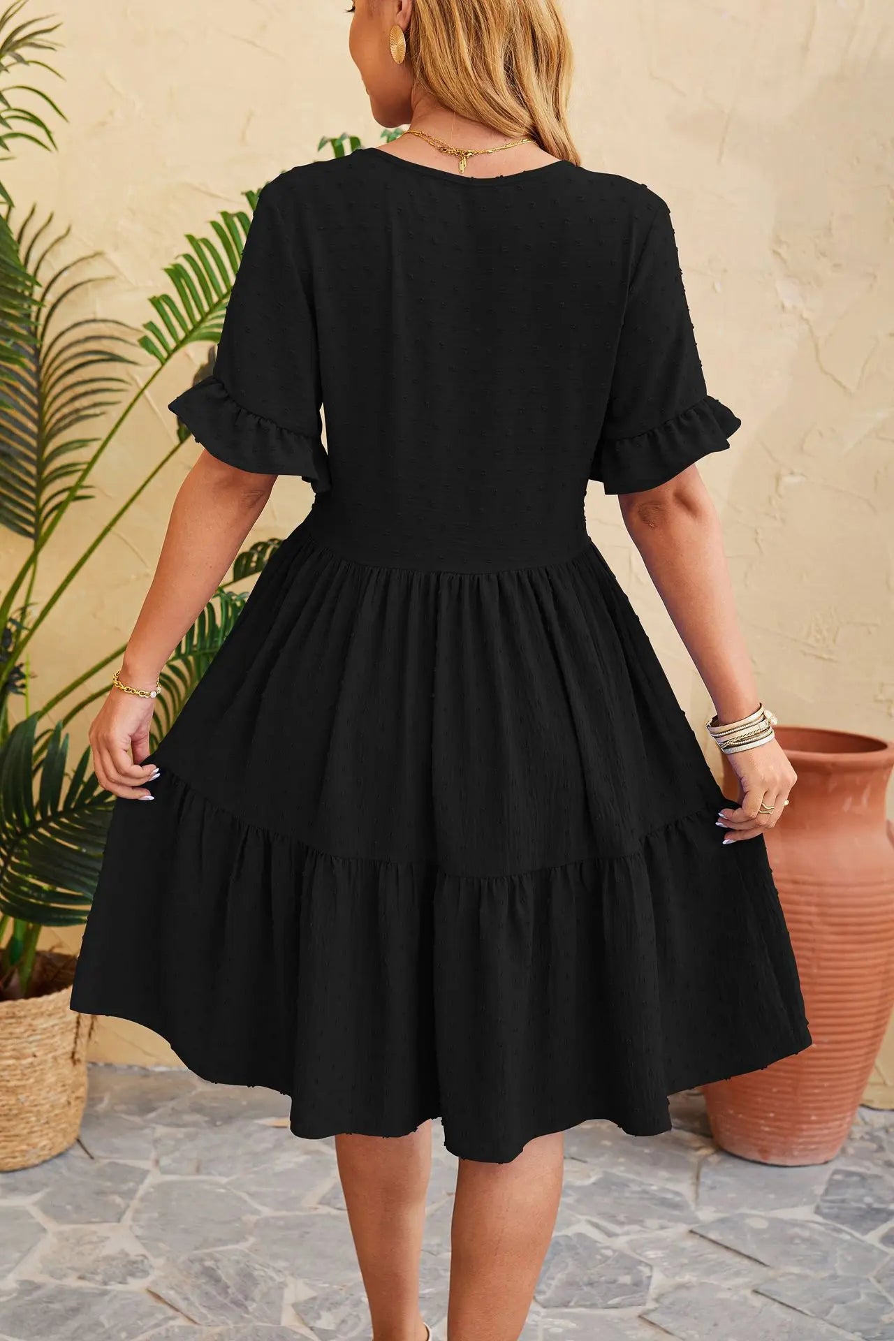 Swiss Dot V-Neck Button Front Ruffle Sleeve Tiered Babydoll Mini Dress
