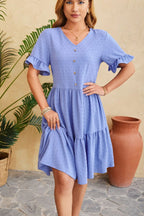 Swiss Dot V-Neck Button Front Ruffle Sleeve Tiered Babydoll Mini Dress