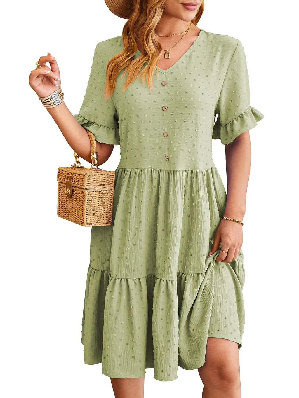 Swiss Dot V-Neck Button Front Ruffle Sleeve Tiered Babydoll Mini Dress