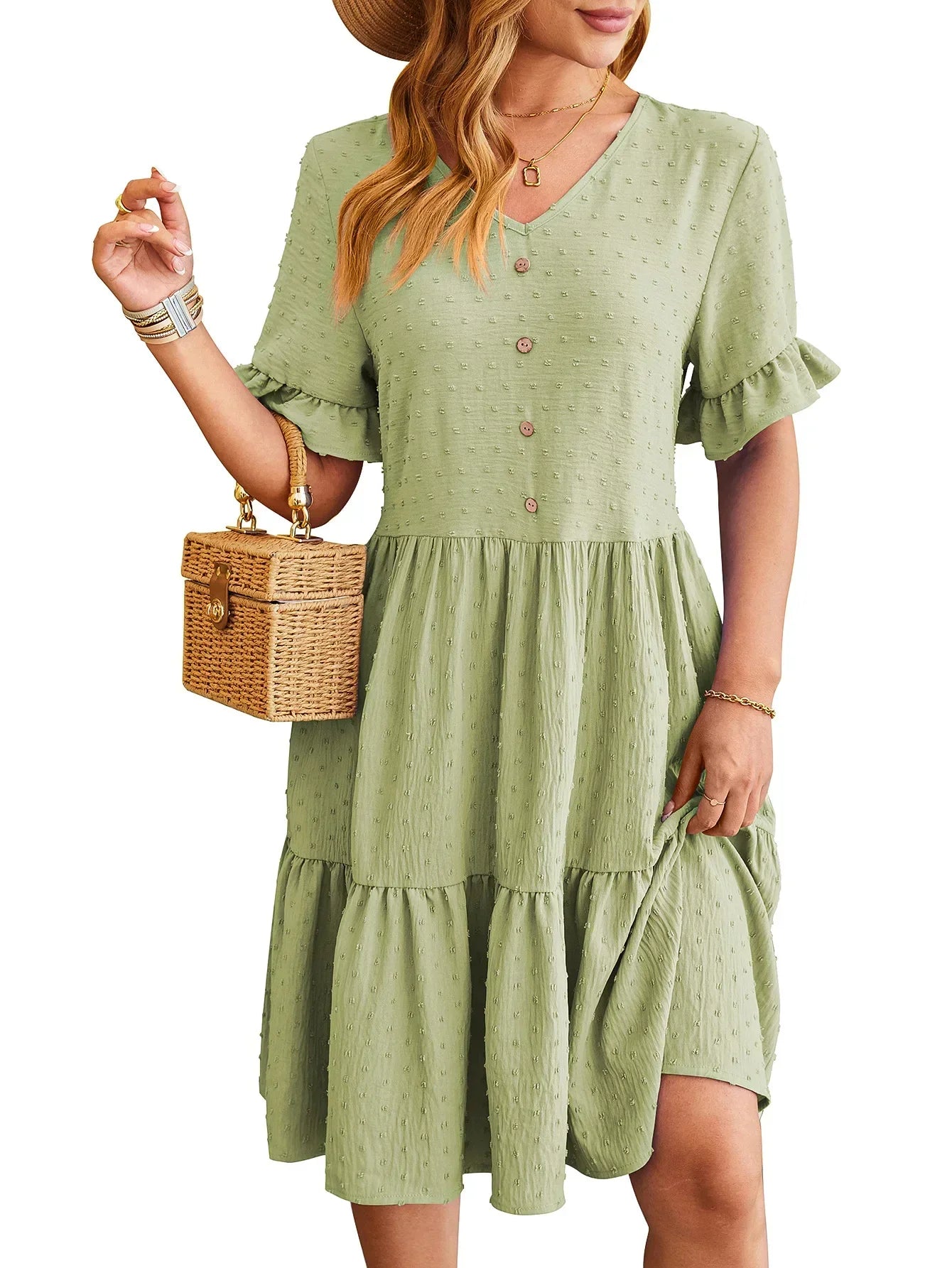 Swiss Dot V-Neck Button Front Ruffle Sleeve Tiered Babydoll Mini Dress