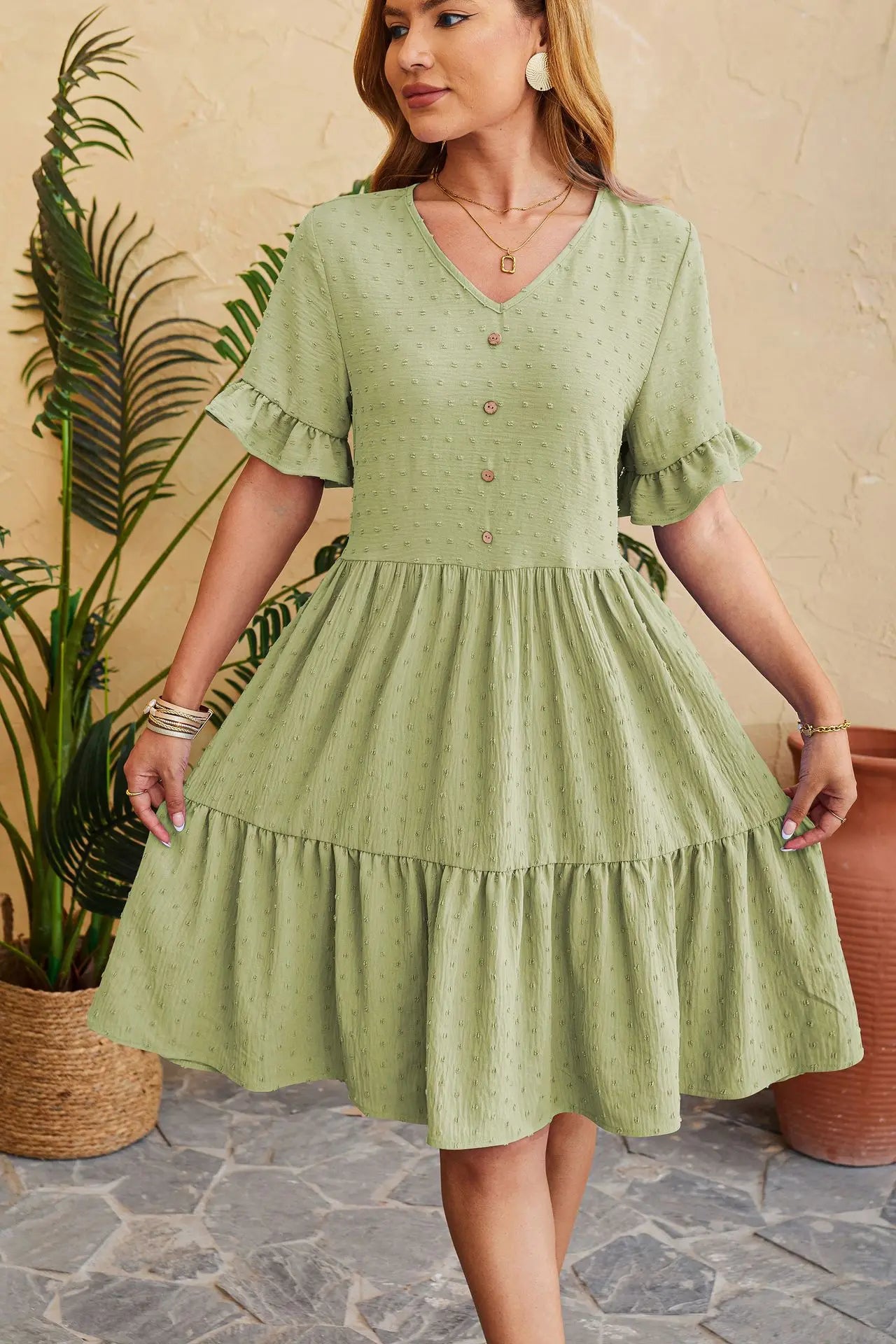 Swiss Dot V-Neck Button Front Ruffle Sleeve Tiered Babydoll Mini Dress