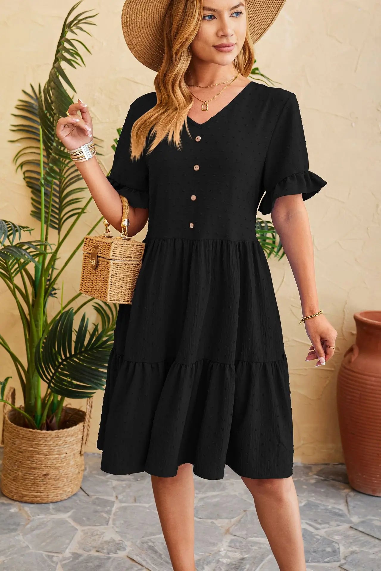 Swiss Dot V-Neck Button Front Ruffle Sleeve Tiered Babydoll Mini Dress
