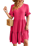 Swiss Dot V-Neck Button Front Ruffle Sleeve Tiered Babydoll Mini Dress