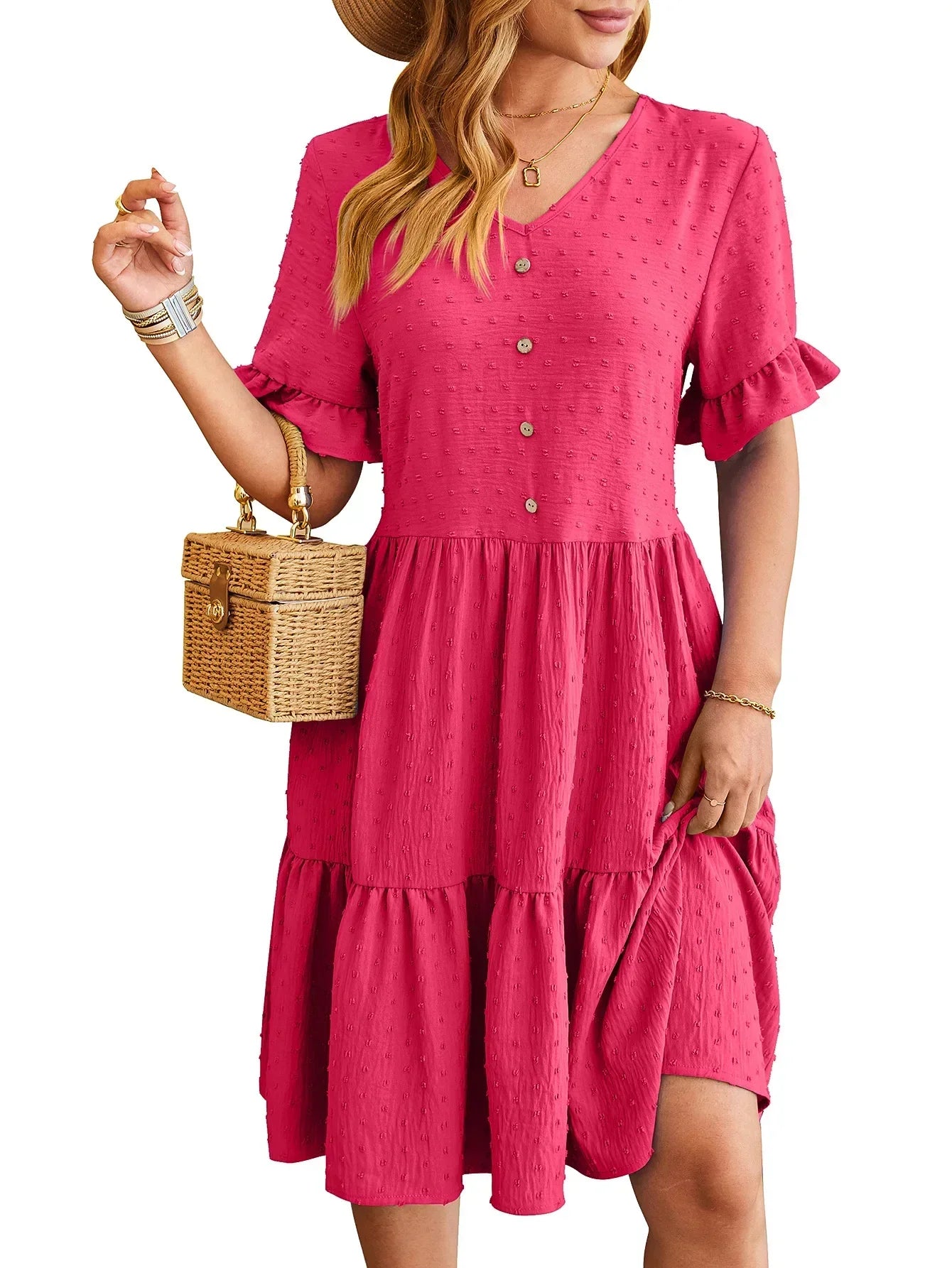 Swiss Dot V-Neck Button Front Ruffle Sleeve Tiered Babydoll Mini Dress