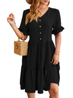 Swiss Dot V-Neck Button Front Ruffle Sleeve Tiered Babydoll Mini Dress